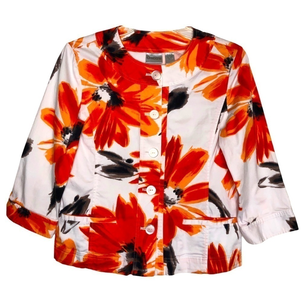 CHICO'S Size 0 - White, Orange, Black Floral Button Front Jacket - Fits Small/4
